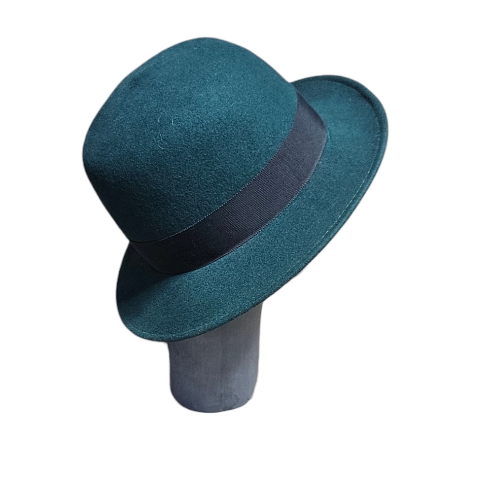 Vintage 1960s–70s Teal Felt Fedora Trilby Hat | IMPORTNA | Wool Felt | Deadstock - Picture 3 of 8